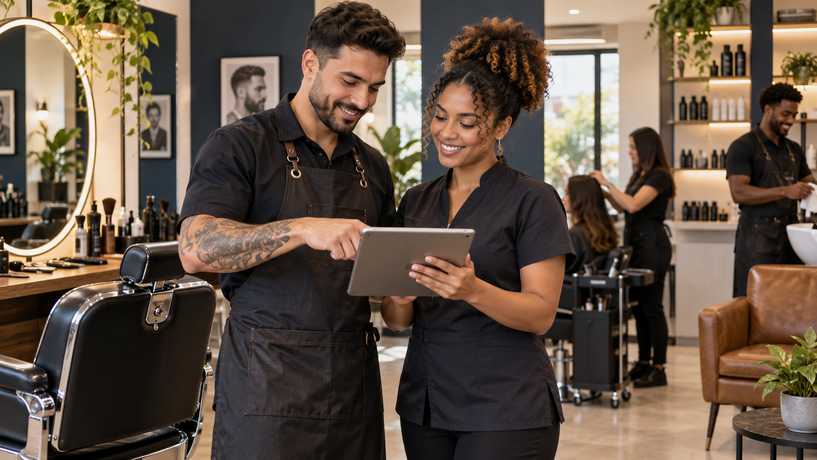 Profissionais de salão e barbearia organizando a agenda de atendimentos