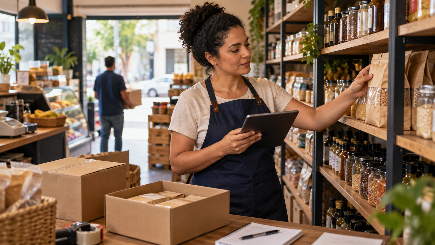 Dona de loja conferindo produtos e estoque em uma prateleira