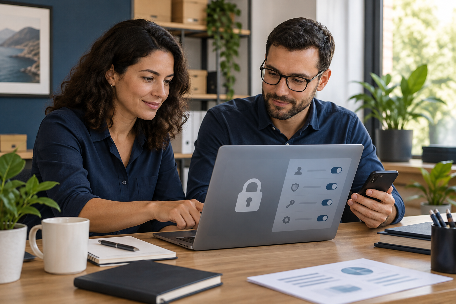 Equipe de pequeno negócio revisando configurações de privacidade e segurança