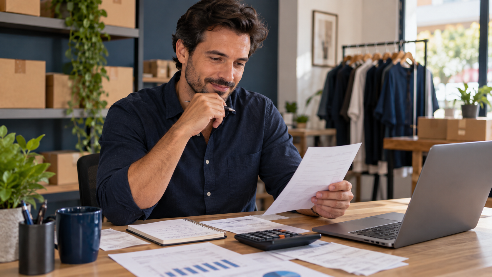 Dono de pequeno negócio revisando números financeiros em uma mesa